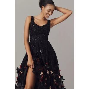 Mac Duggal Black Sleeveless Sequin Floral in Pink Appliqué Midi Dress Sz 10 NWT